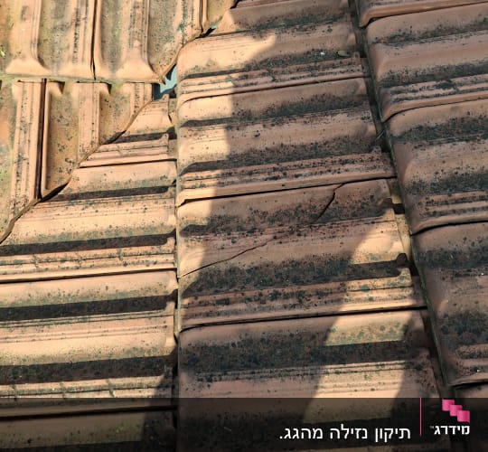 רעפים שבורים על גג עם צל של אדם